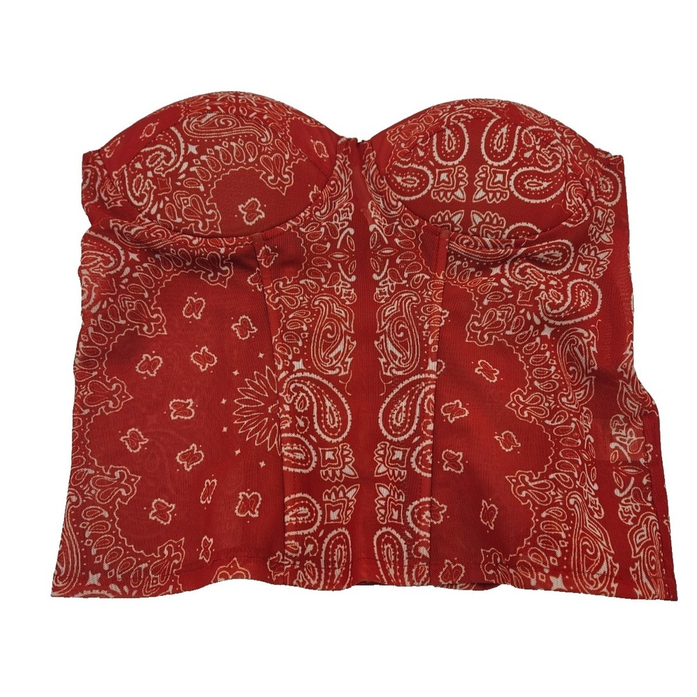 Red Paisley Corset Crop Top L Strapless Bustier Western Y2K Festival